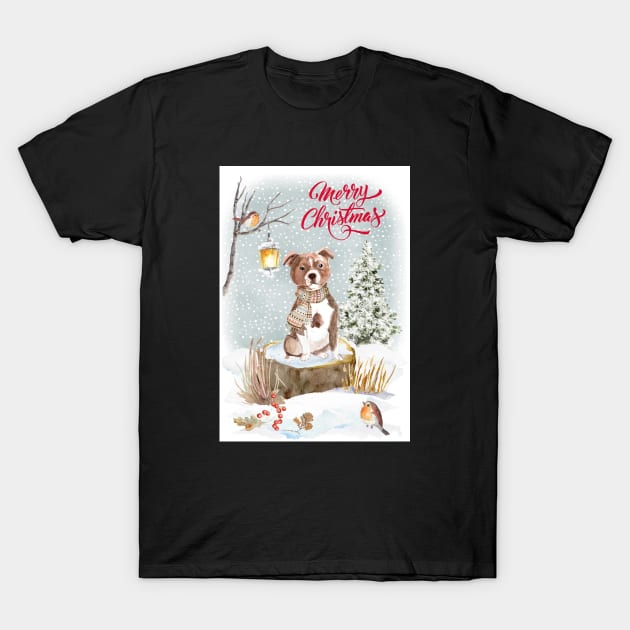 Staffordshire Bull Terrier Merry Christmas Santa Dog T-Shirt by Puppy Eyes